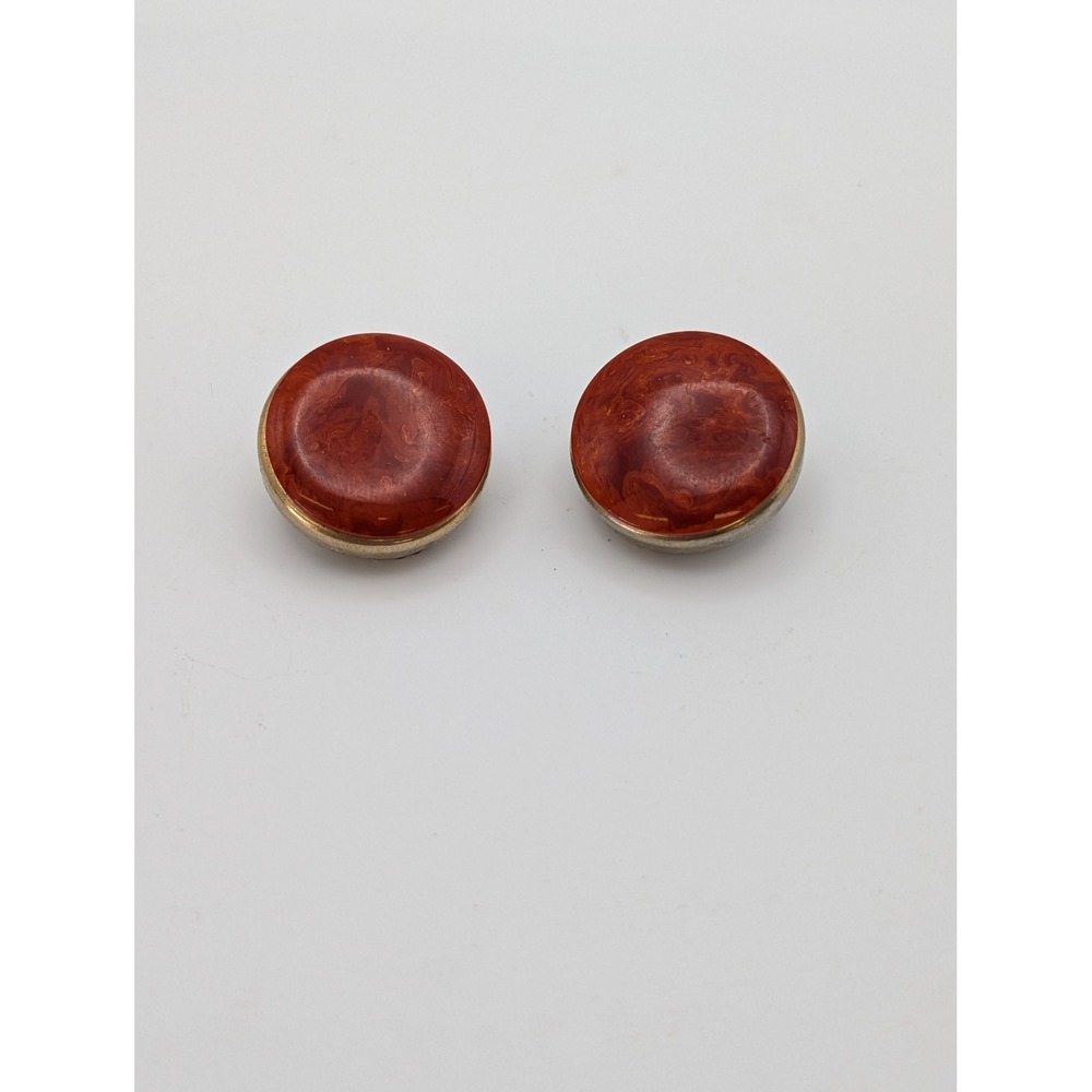 Vintage Marbled Cherry Red Resin Clip On Earrings Round Silver Tone Unsigned